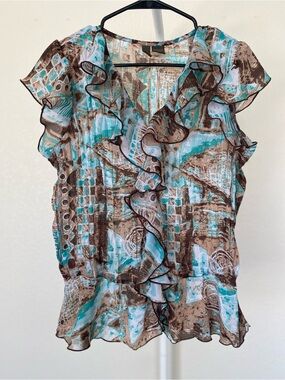 Sere Nade Women’s Teal | Brown Flutter Cap Sleeve Ruffle Front Blouse M